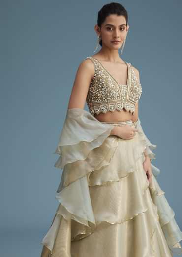 Mint Green Organza Layered Lehenga Set