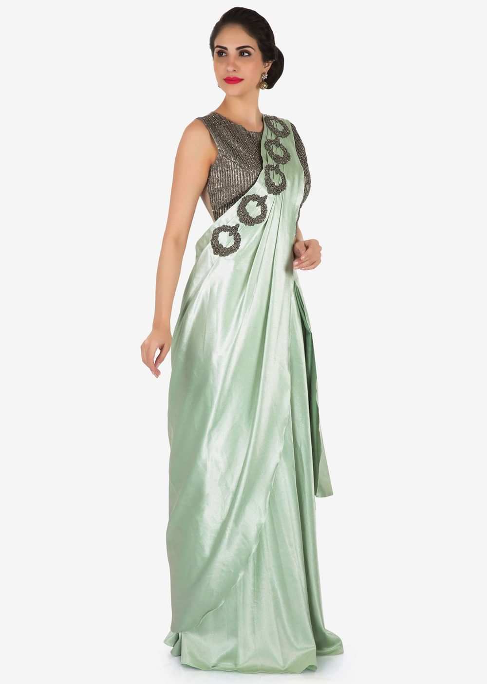 Mint green pre stitched saree in moti embroidery only on Kalki