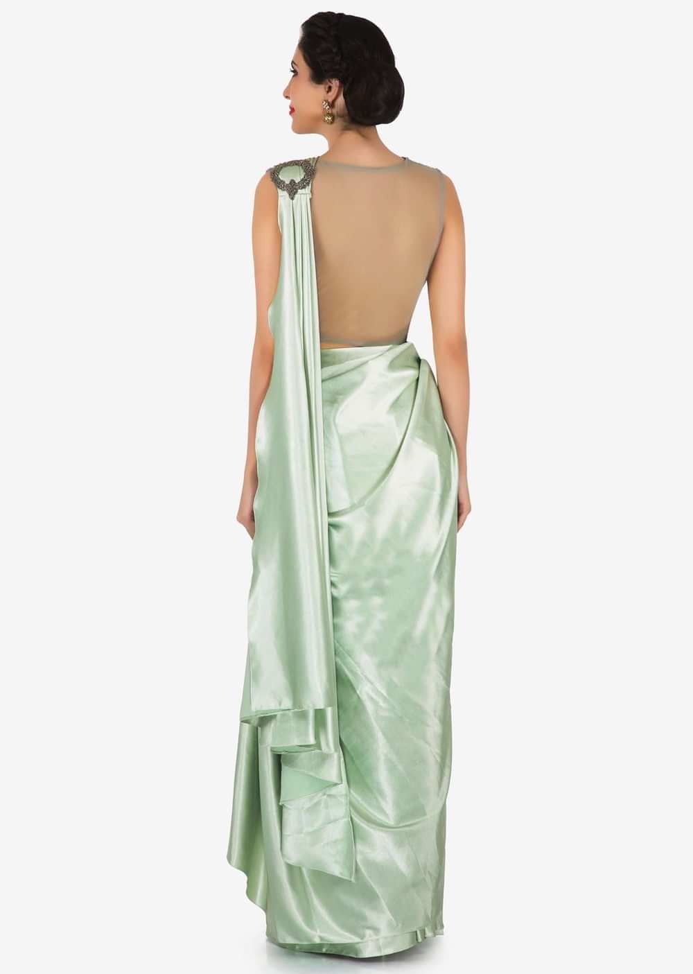 Mint green pre stitched saree in moti embroidery only on Kalki