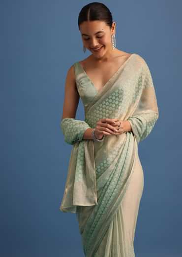 Mint Green Satin Saree With Thread And Stone Work Border With Unstitched Blouse