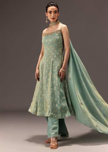 Mint Green Tissue Hand Embroidered Kurta Set