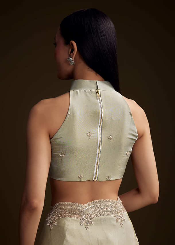 Mint Green Tissue Saree With Zardosi And Bead Embroidery