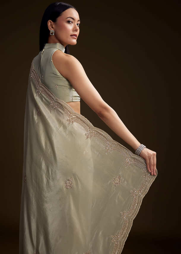Mint Green Tissue Saree With Zardosi And Bead Embroidery