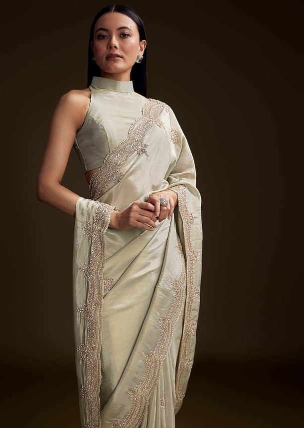 Mint Green Tissue Saree With Zardosi And Bead Embroidery