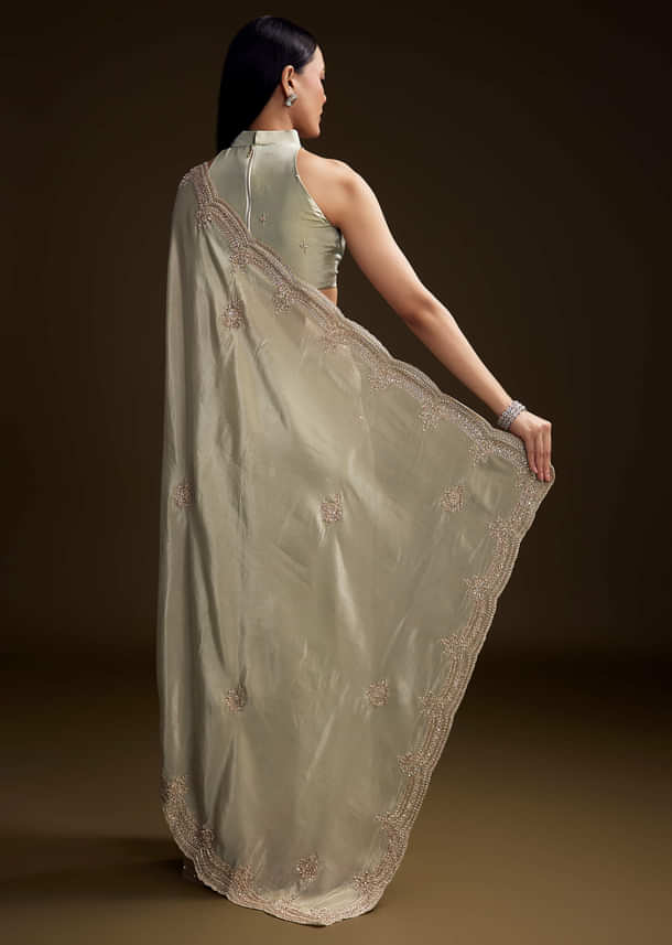 Mint Green Tissue Saree With Zardosi And Bead Embroidery