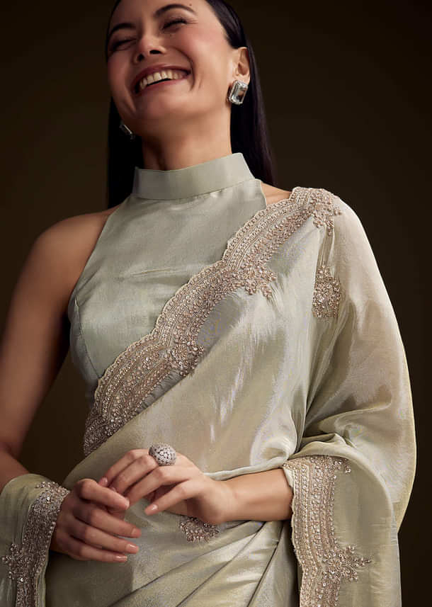 Mint Green Tissue Saree With Zardosi And Bead Embroidery