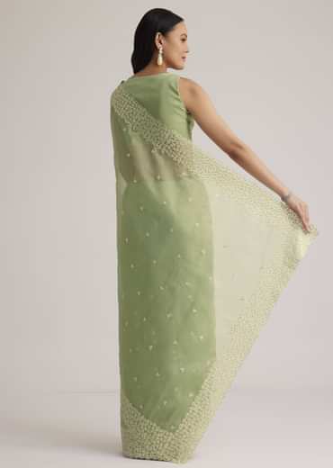 Mint Green Tissue Silk Sequins Saree With Scallop Border