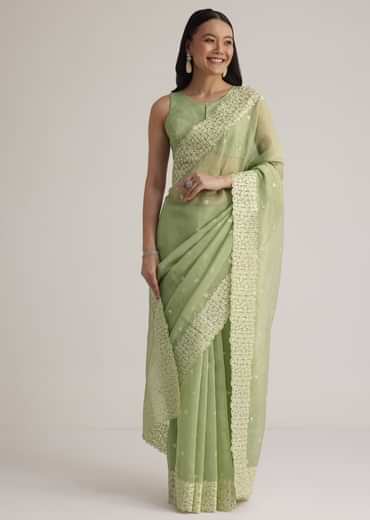 Mint Green Tissue Silk Sequins Saree With Scallop Border