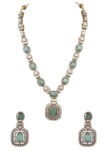Mint Green Uncut Polki Necklace Set In Mix Metal