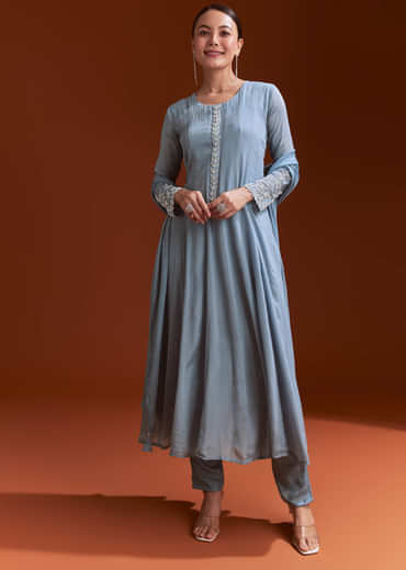 Misty Blue Chinon Anarkali Suit With Moti And Stone Work
