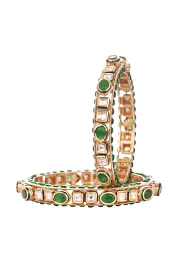 Mixed Metal Handcrafted Antique Gold And Green Bangles In Kundan Polki