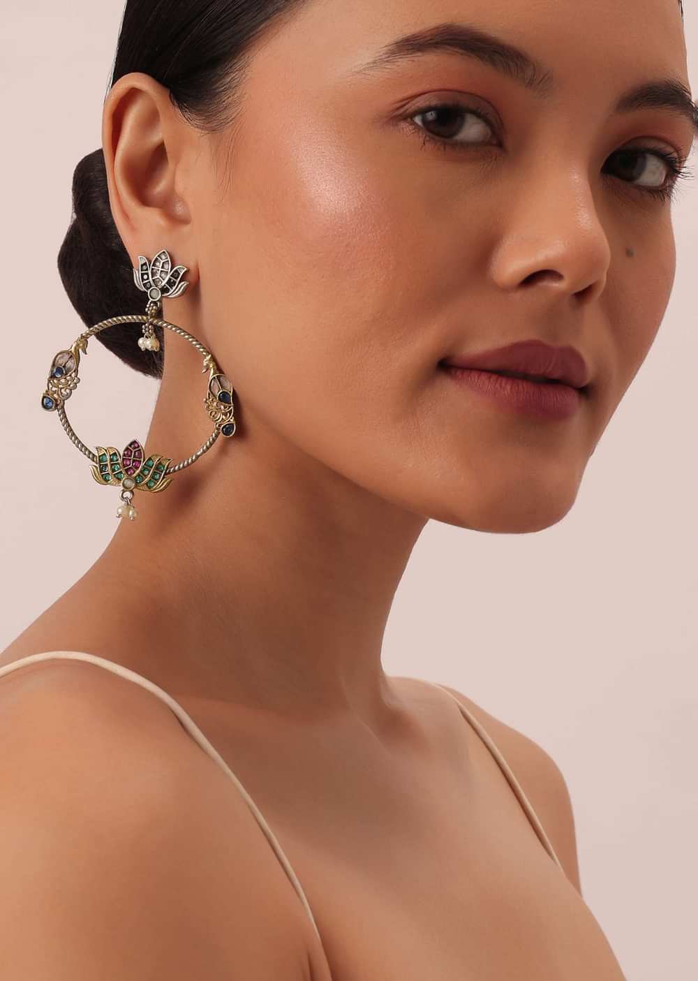 Mixed Metal Oxidised Chandbalis With Lotus Motifs