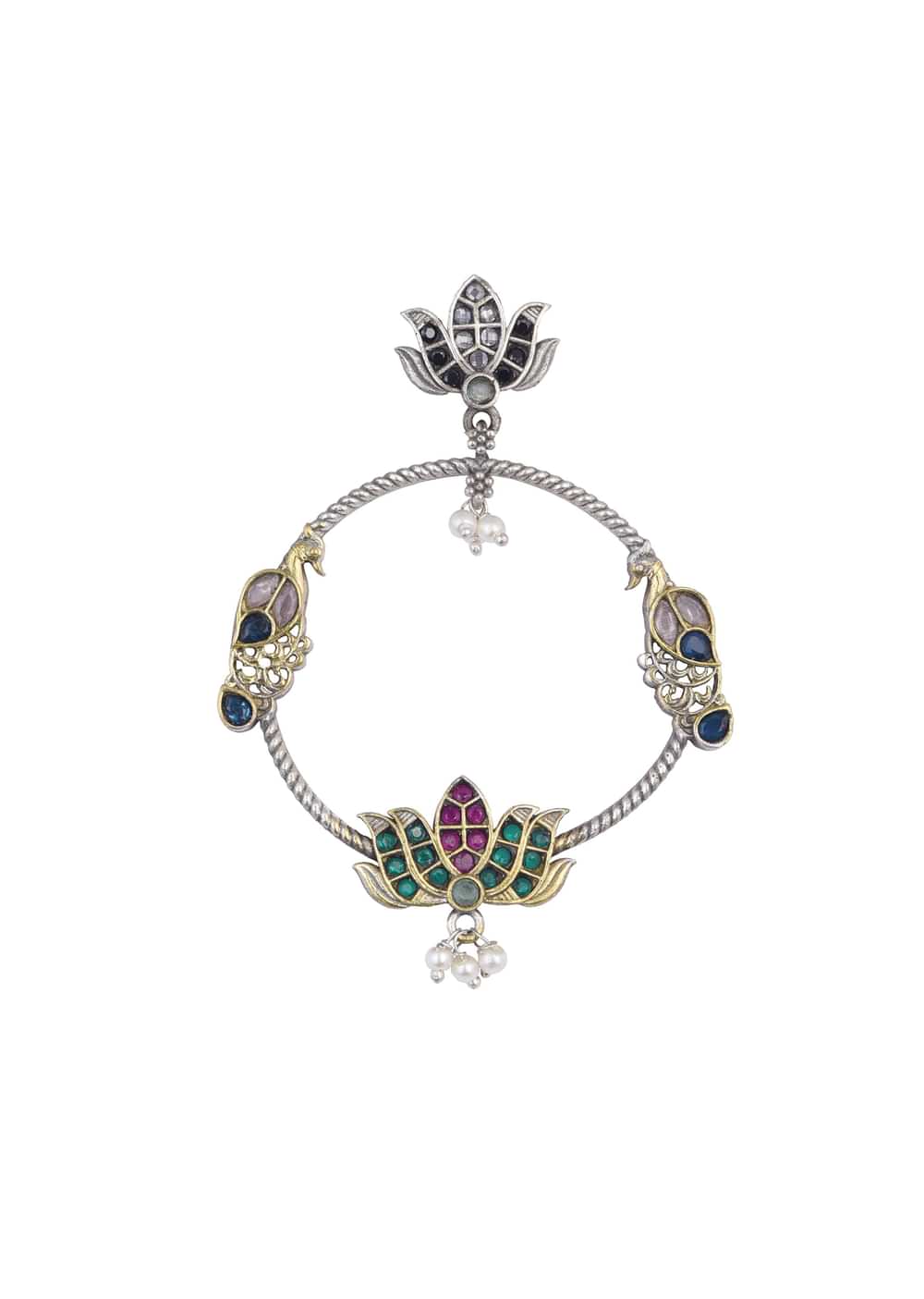 Mixed Metal Oxidised Chandbalis With Lotus Motifs