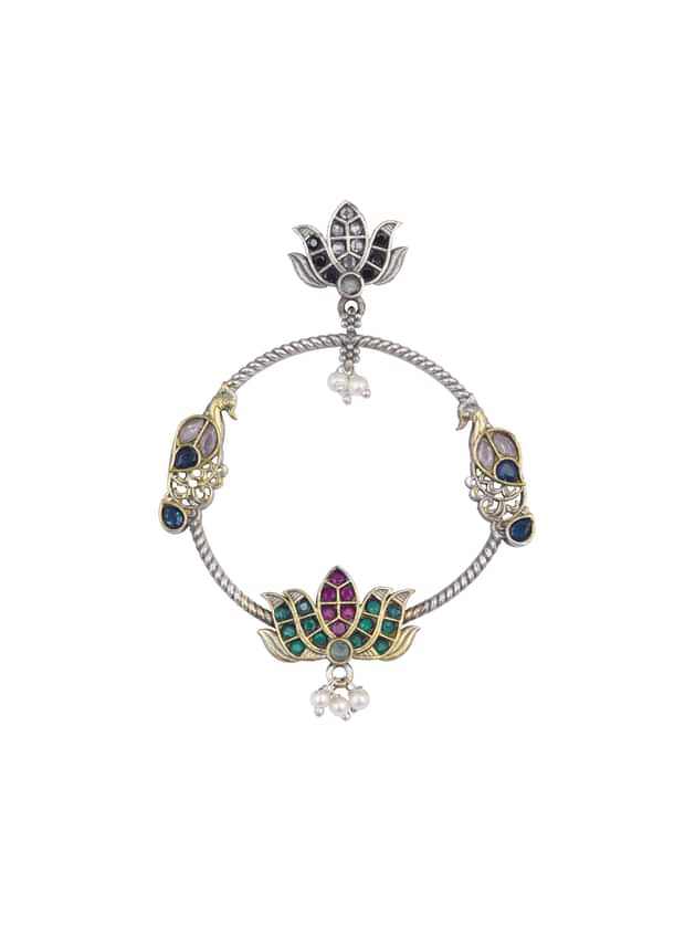 Mixed Metal Oxidised Chandbalis With Lotus Motifs Mixed Metal Oxidised Chandbalis With Lotus Motifs