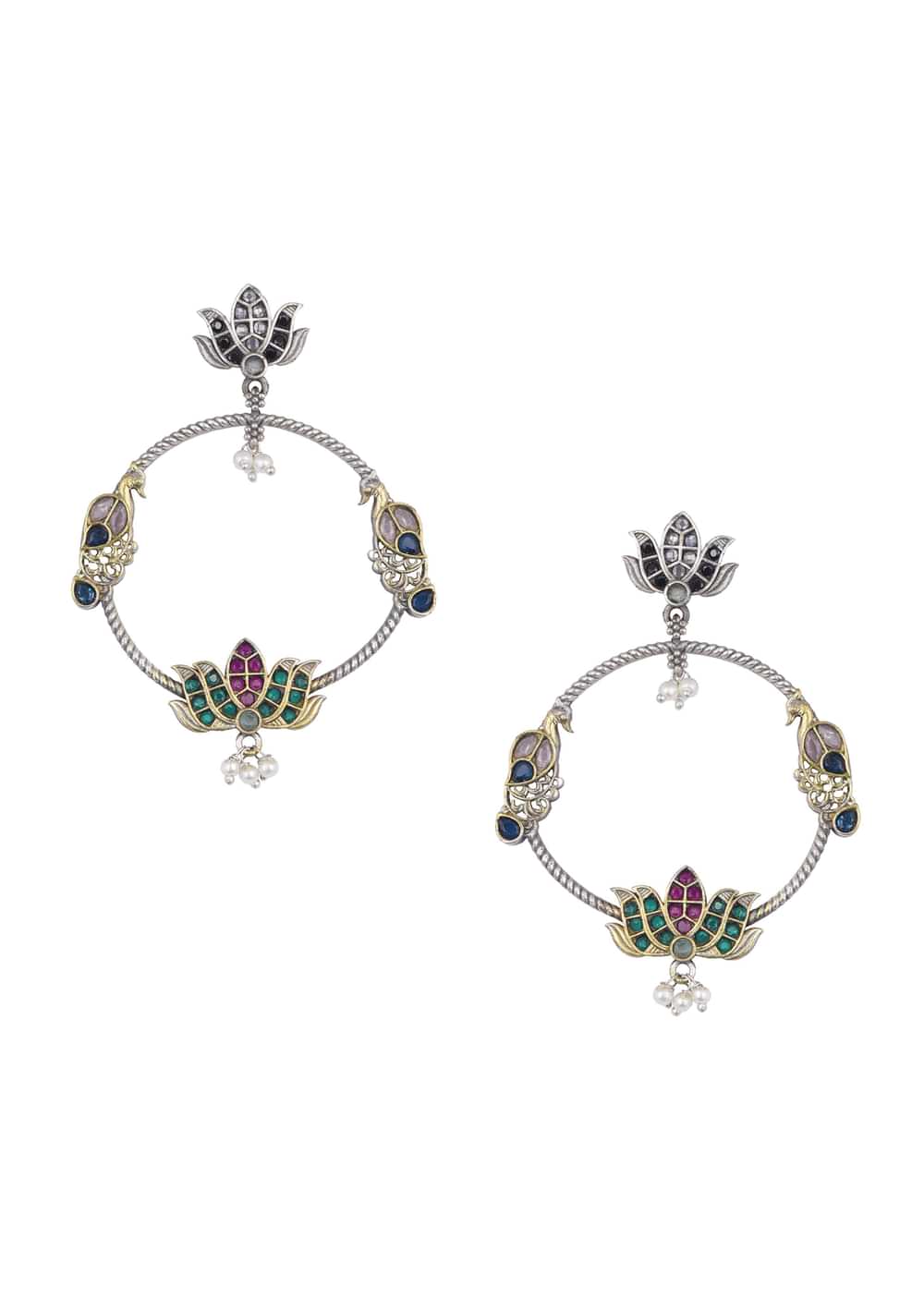 Mixed Metal Oxidised Chandbalis With Lotus Motifs