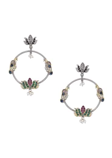 Mixed Metal Oxidised Chandbalis With Lotus Motifs