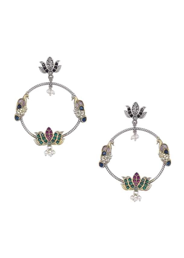 Mixed Metal Oxidised Chandbalis With Lotus Motifs Mixed Metal Oxidised Chandbalis With Lotus Motifs