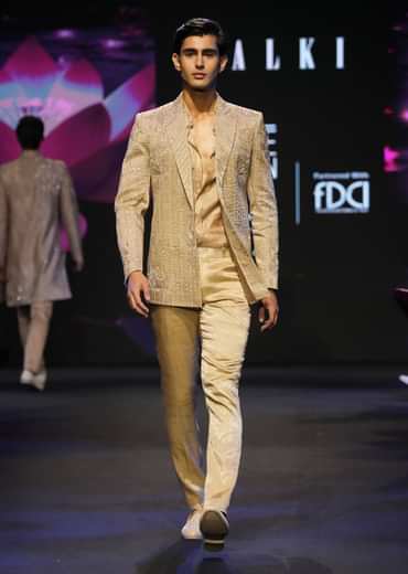 Moff Banarasi Brocade Embroidered Indo Western Tuxedo Suit
