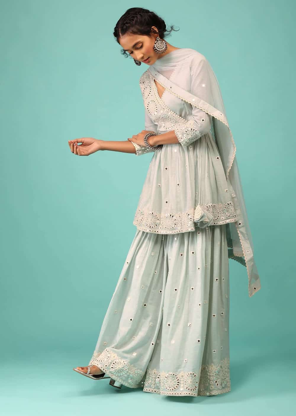 Buy Powder Mist Blue Sharara Suit In Cotton With Lucknowi Floral