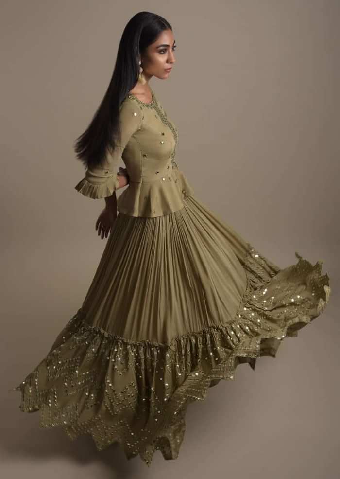 Moss Green Skirt And Peplum Top With Mirror Abla Embroidery And Zigzag Cut Hem