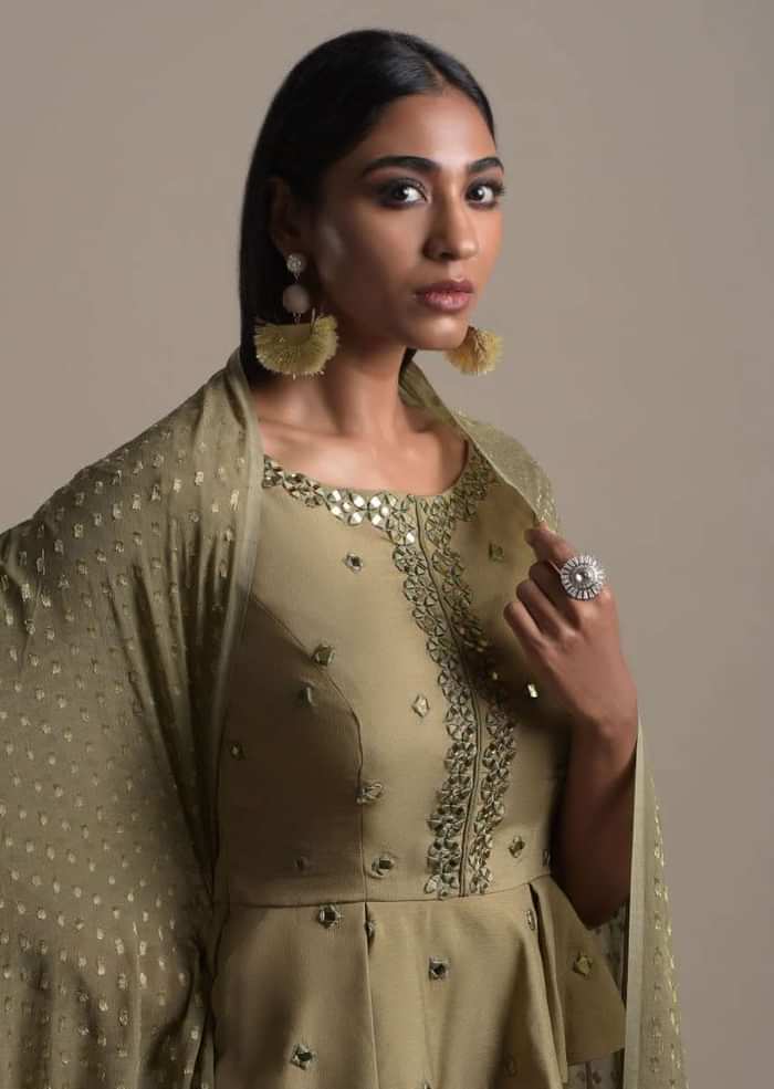 Moss Green Skirt And Peplum Top With Mirror Abla Embroidery And Zigzag Cut Hem
