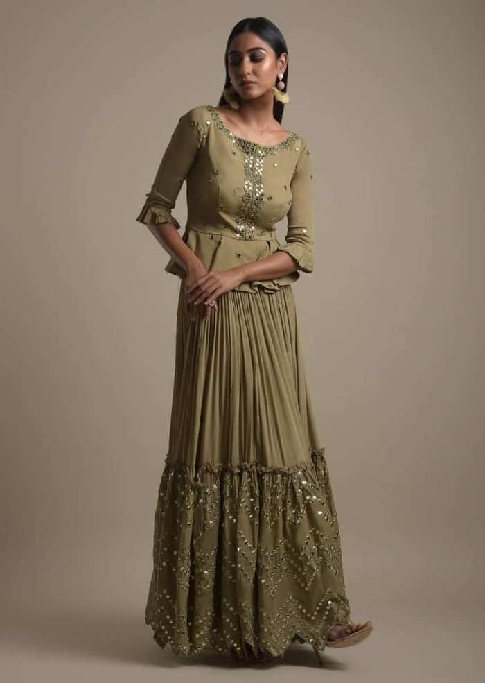 Moss Green Skirt And Peplum Top With Mirror Abla Embroidery And Zigzag Cut Hem
