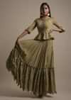 Moss Green Skirt And Peplum Top With Mirror Abla Embroidery And Zigzag Cut Hem