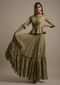 Moss Green Skirt And Peplum Top With Mirror Abla Embroidery And Zigzag Cut Hem