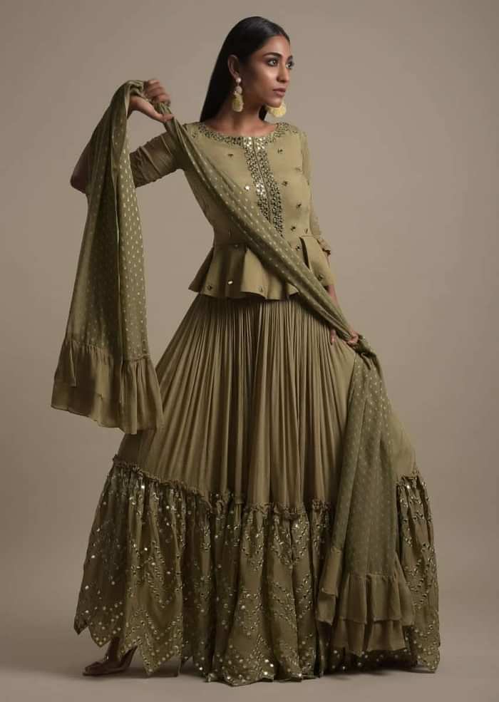 Moss Green Skirt And Peplum Top With Mirror Abla Embroidery And Zigzag Cut Hem