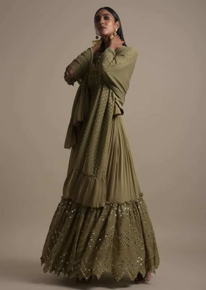 Moss Green Skirt And Peplum Top With Mirror Abla Embroidery And Zigzag Cut Hem