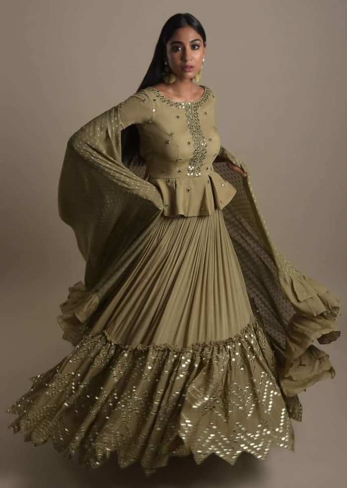 Moss Green Skirt And Peplum Top With Mirror Abla Embroidery And Zigzag Cut Hem