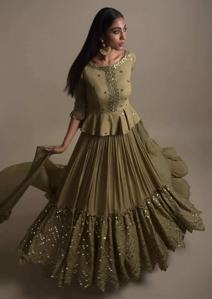 Moss Green Skirt And Peplum Top With Mirror Abla Embroidery And Zigzag Cut Hem