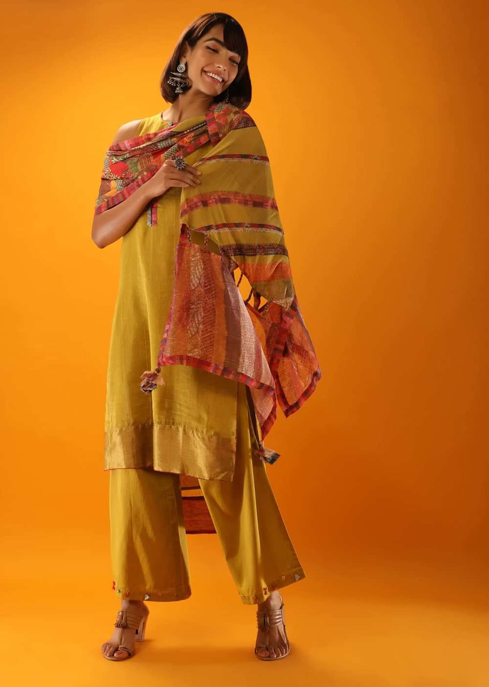Moss Green High Low Kurta And Palazzo Set With Appliqued Placket In Multi Colored Printed Fabric And Printed Stole