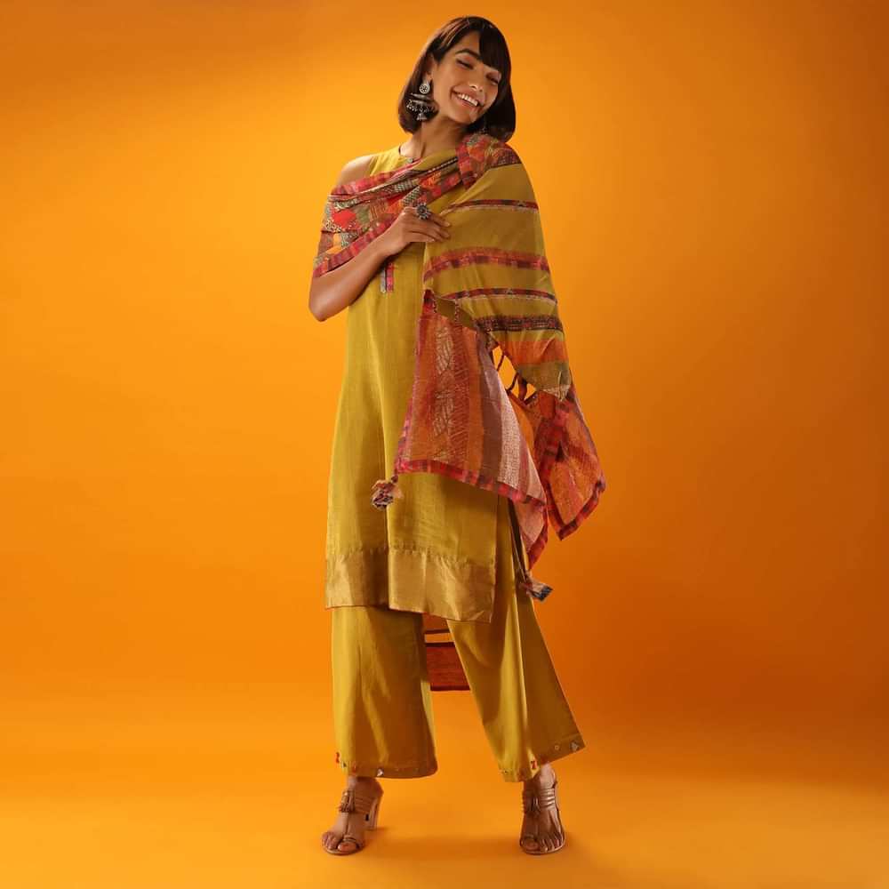 Moss Green High Low Kurta And Palazzo Set With Appliqued Placket In Multi Colored Printed Fabric And Printed Stole