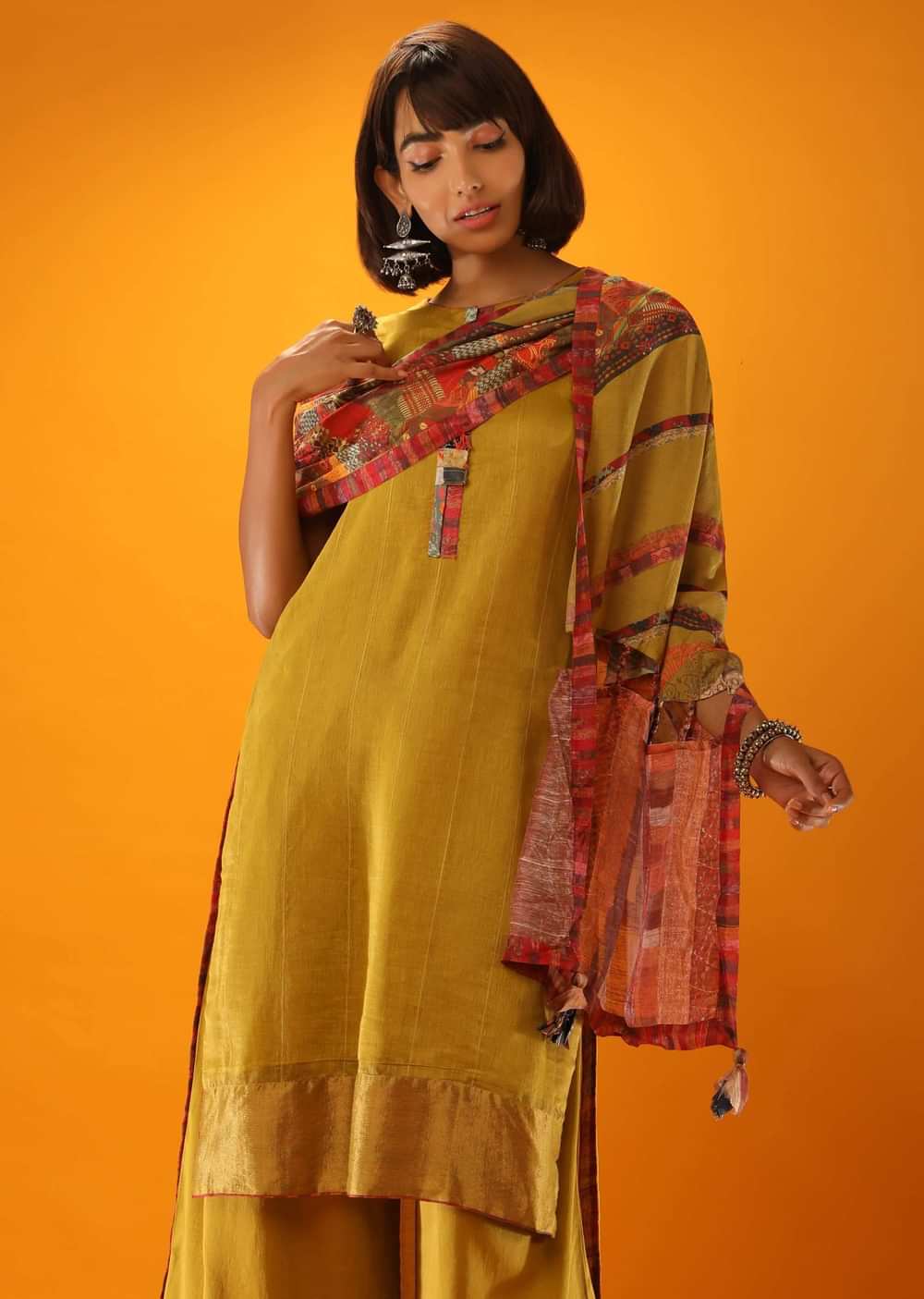 Moss Green High Low Kurta And Palazzo Set With Appliqued Placket In Multi Colored Printed Fabric And Printed Stole