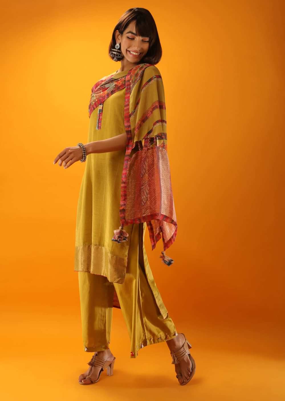 Moss Green High Low Kurta And Palazzo Set With Appliqued Placket In Multi Colored Printed Fabric And Printed Stole