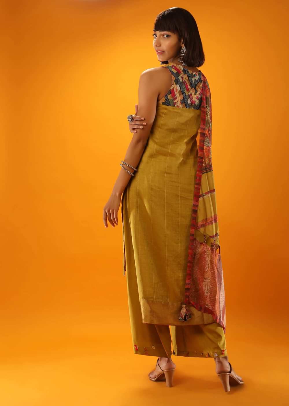 Moss Green High Low Kurta And Palazzo Set With Appliqued Placket In Multi Colored Printed Fabric And Printed Stole