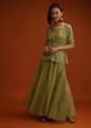 Moss Green Palazzo And Peplum Suit In Organza With Flower Sequins And Cut Dana Work