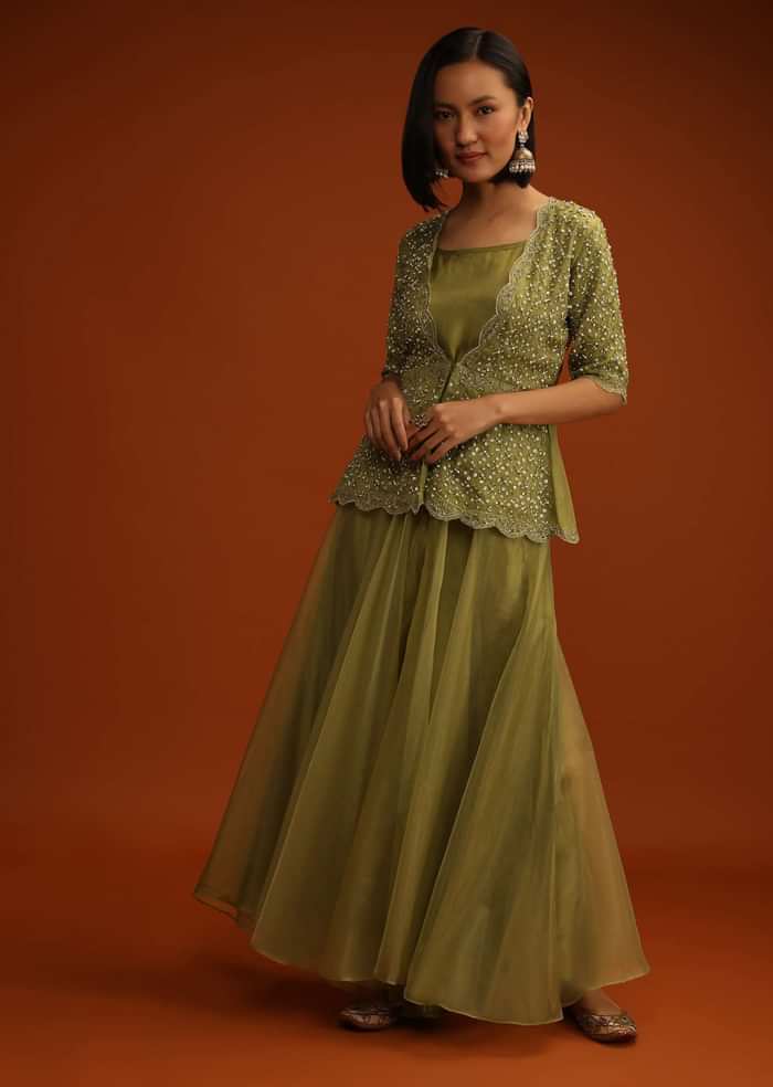 Moss Green Palazzo And Peplum Suit In Organza With Flower Sequins And Cut Dana Work