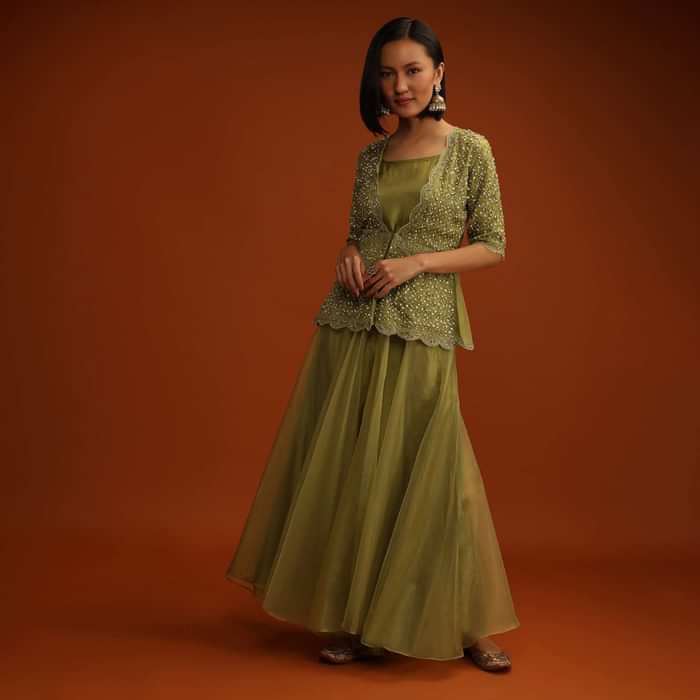 Moss Green Palazzo And Peplum Suit In Organza With Flower Sequins And Cut Dana Work