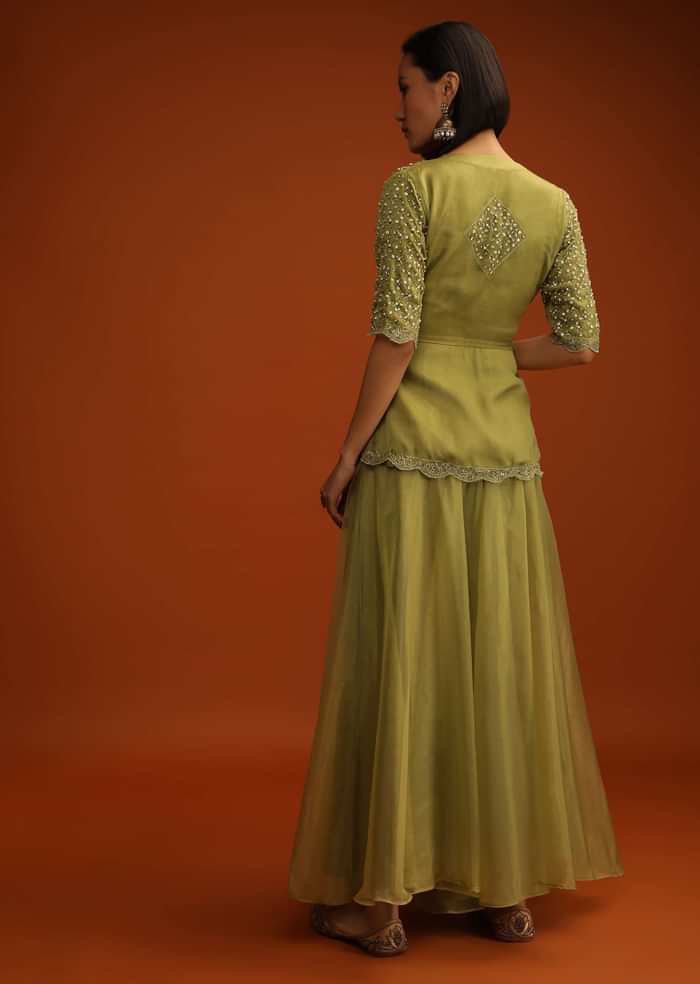 Moss Green Palazzo And Peplum Suit In Organza With Flower Sequins And Cut Dana Work