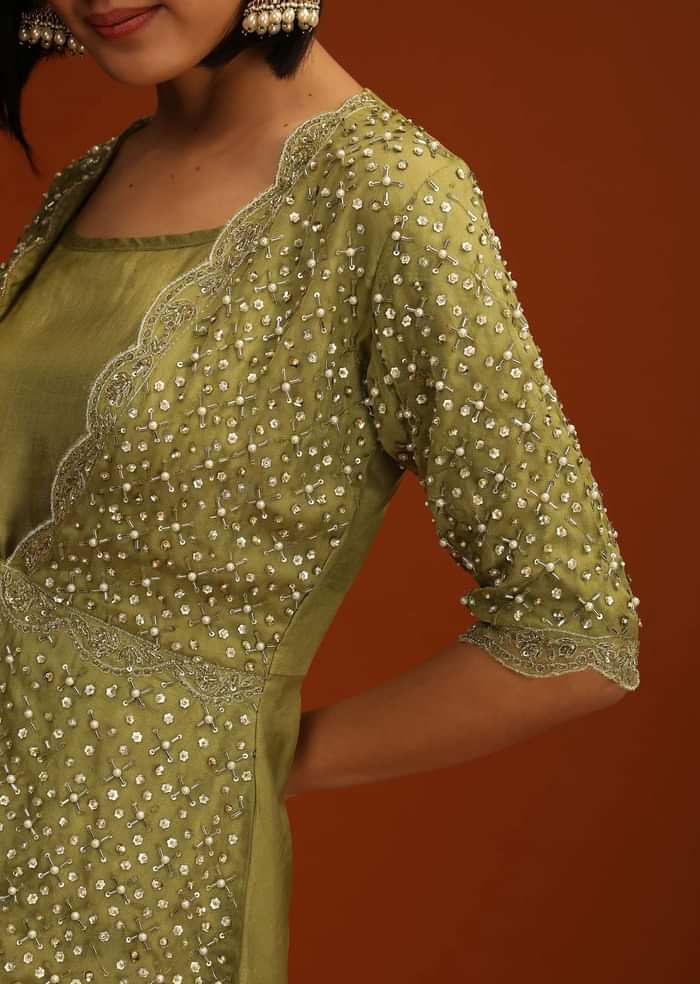 Moss Green Palazzo And Peplum Suit In Organza With Flower Sequins And Cut Dana Work
