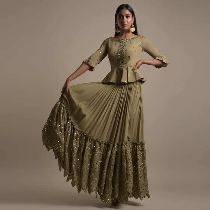 Moss Green Skirt And Peplum Top With Mirror Abla Embroidery And Zigzag Cut Hem