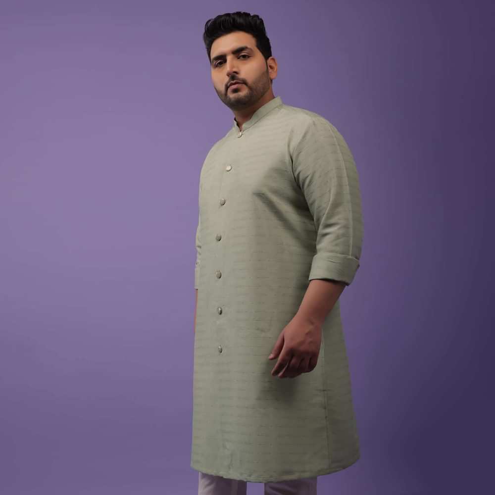 Moss Green Striped Kurta In Art Silk