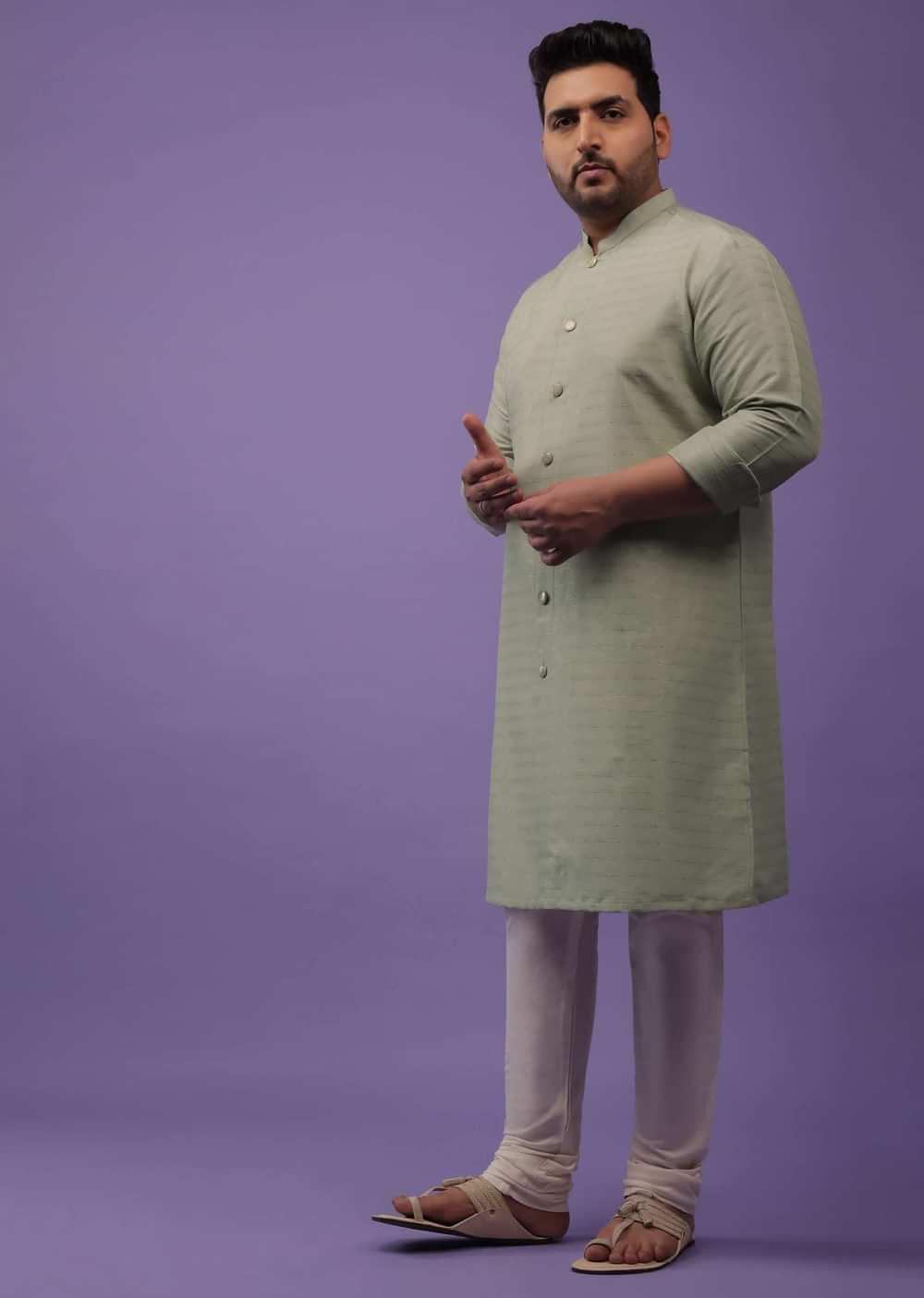 Moss Green Striped Kurta In Art Silk