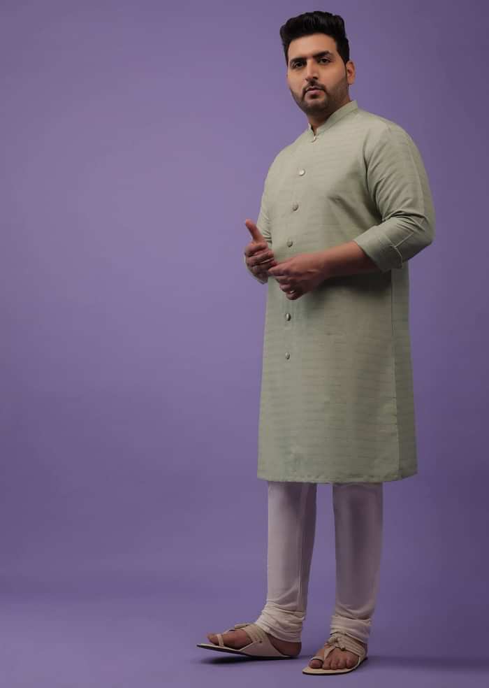 Moss Green Striped Art Silk Kurta