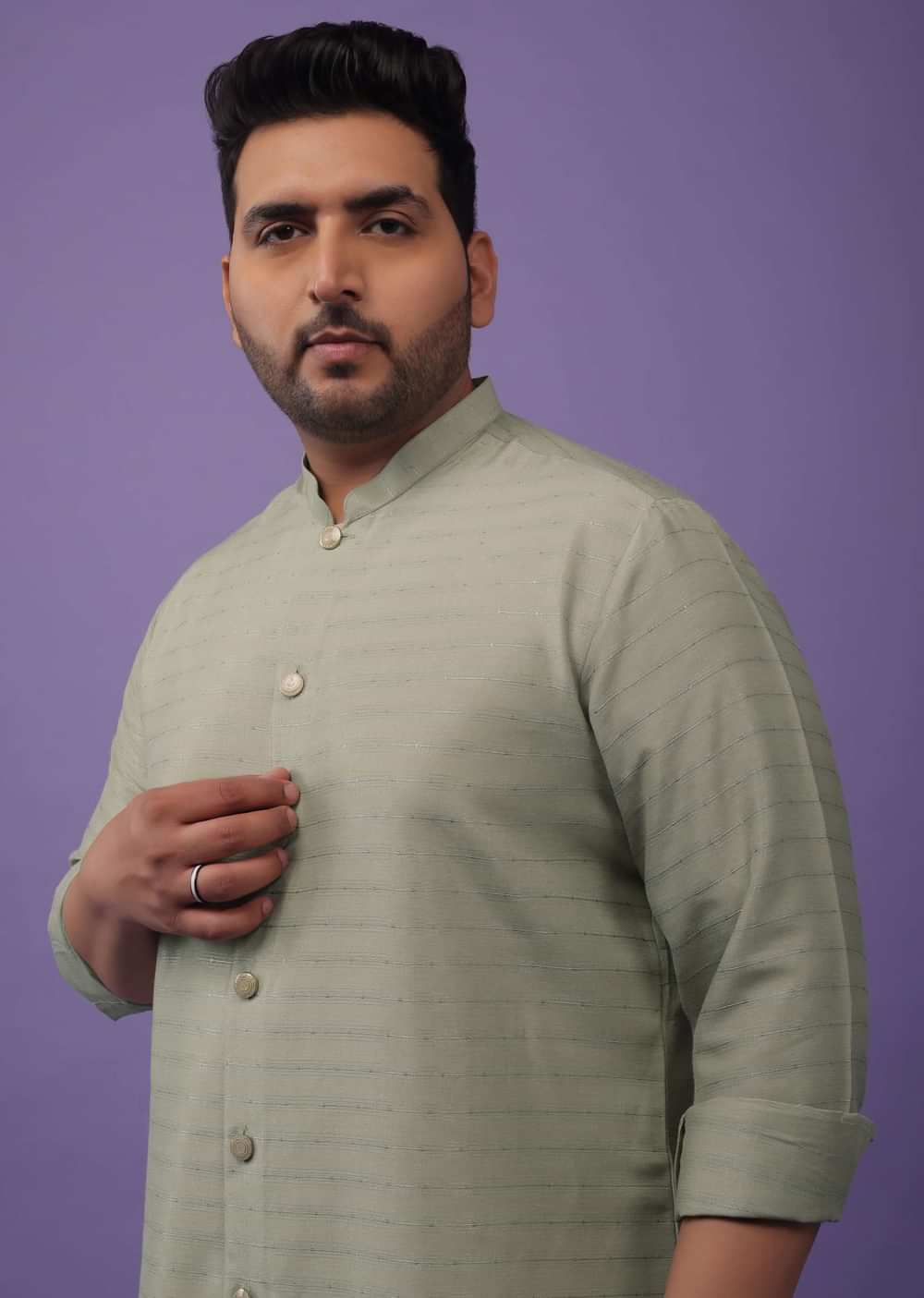Moss Green Striped Kurta In Art Silk