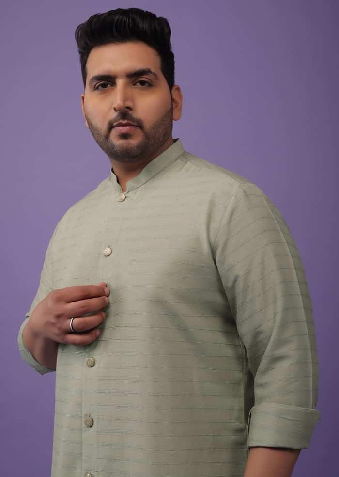 Moss Green Striped Art Silk Kurta