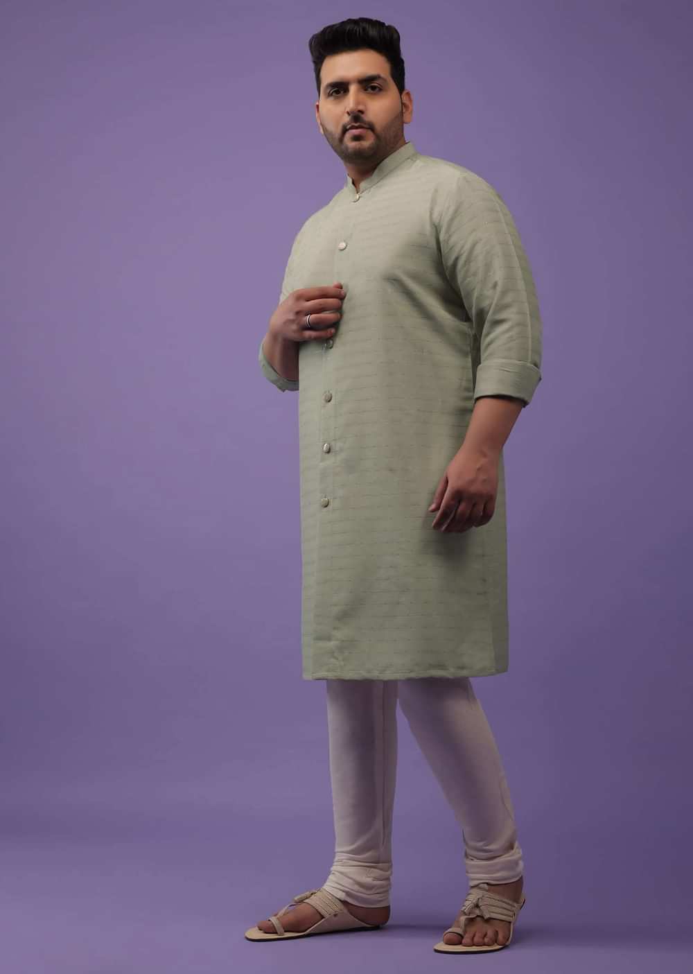 Moss Green Striped Kurta In Art Silk