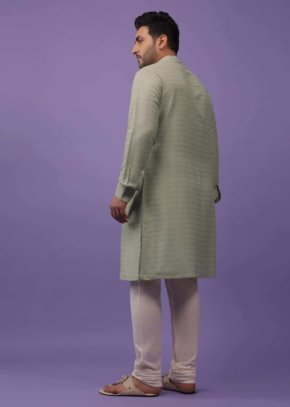 Moss Green Striped Kurta In Art Silk